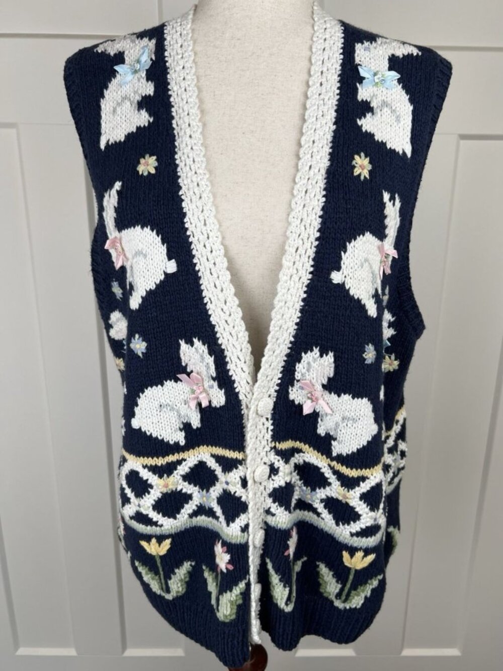 Vintage Marisa Christina Bunny Rabbit Sweater Vest L Hand Knit Easter Cottagecor